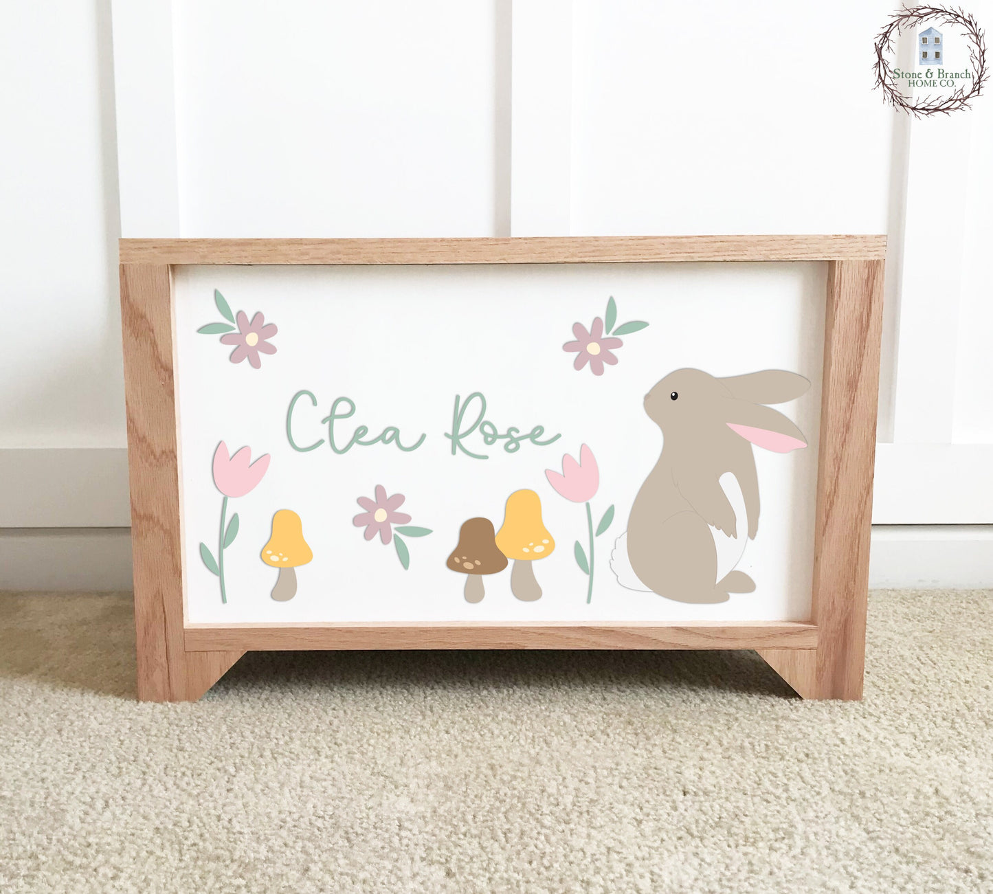 Personalized handmade wood toy box with bunny for a girls nursery