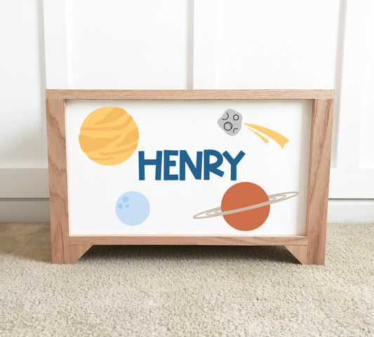 Personalized handmade wood toy box for space themed room