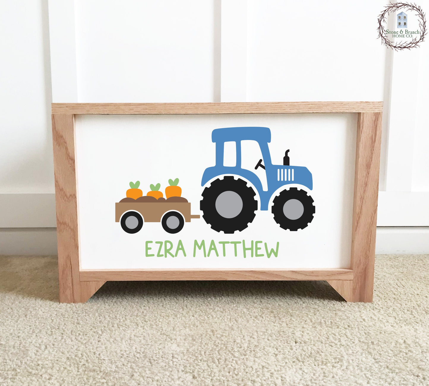 Personalized, handcrafted wood toy box with tractor for farm themed boys room