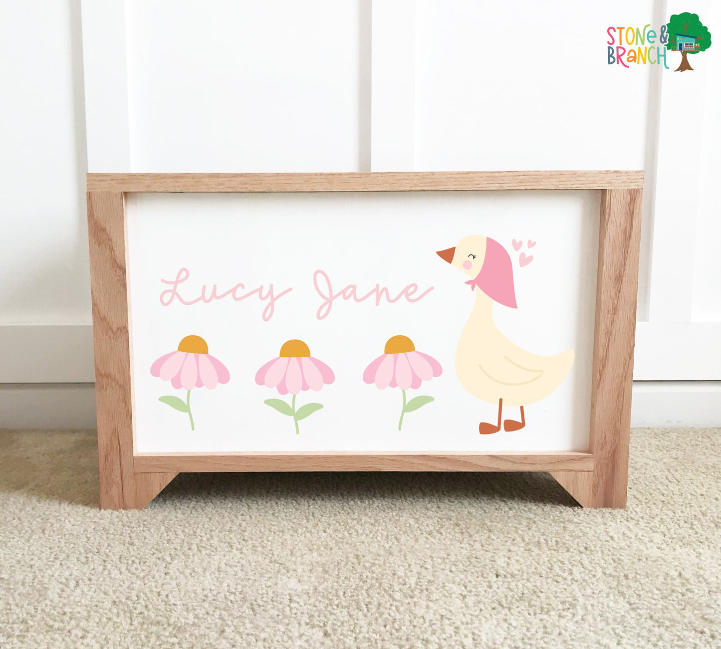 Personalized, handcrafted wood toy box for girls room with goose and wildflowers