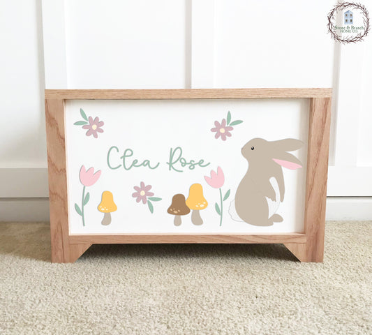 Personalized handmade wood toy box with bunny for a girls nursery