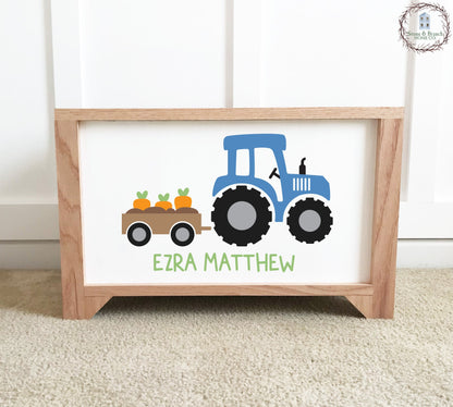 Personalized, handcrafted wood toy box  with tractor for farm themed boys room