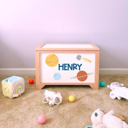 Personalized, handcrafted wood toy box for space themed room