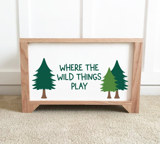 Personalized, handcrafted wood toy box for woodland themed playroom or nursery