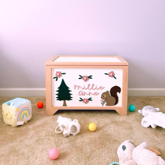 Personalized, handcrafted wood toy box with wildflowers and squirrel for a girls woodland themed room
