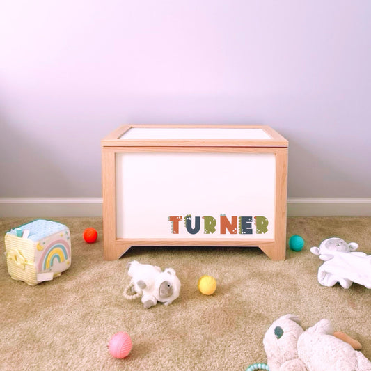 Personalized, handcrafted wood toy box with dino name for dinosaur themed boys room