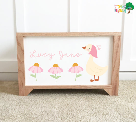 Personalized, handcrafted wood toy box for girls room with goose and wildflowers